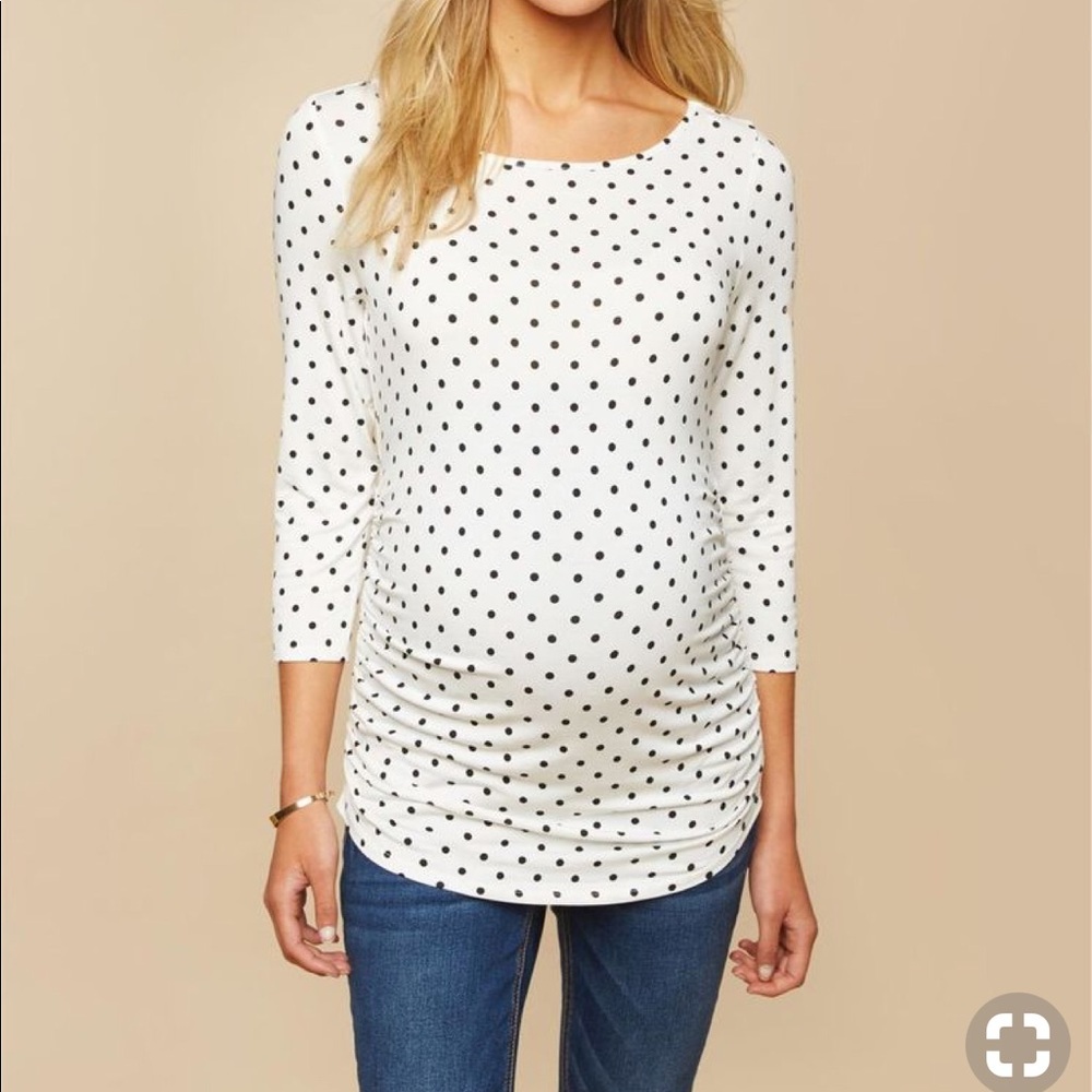 3/4th sleeve side ruched tee - BW dots